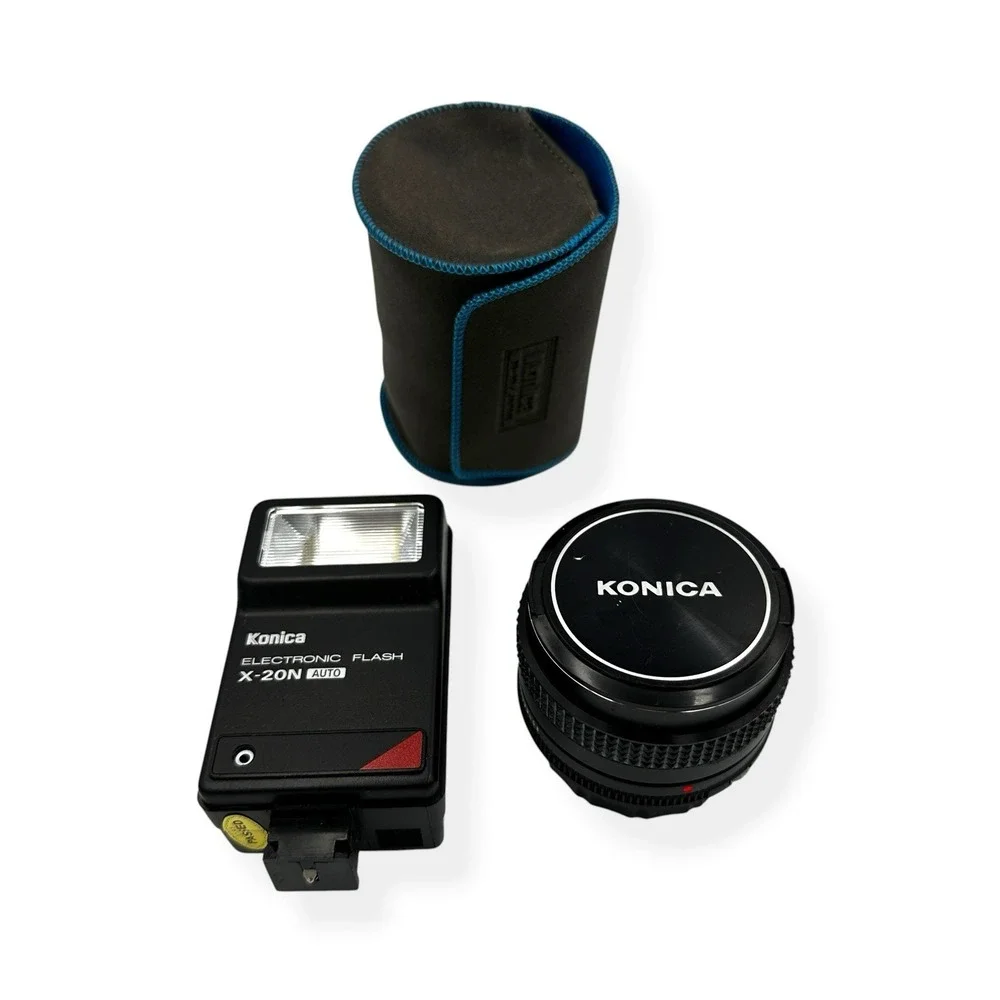 Konica Hexanon AR 50mm f/1.8 Lens with Electronic Auto Flash X-20N & Case Japan